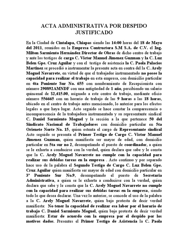 Acta Administrativa Por Despido Justificado