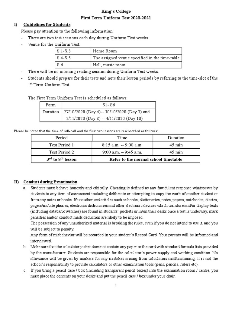 King's College First Term Uniform Test 20202021 Guidelines and