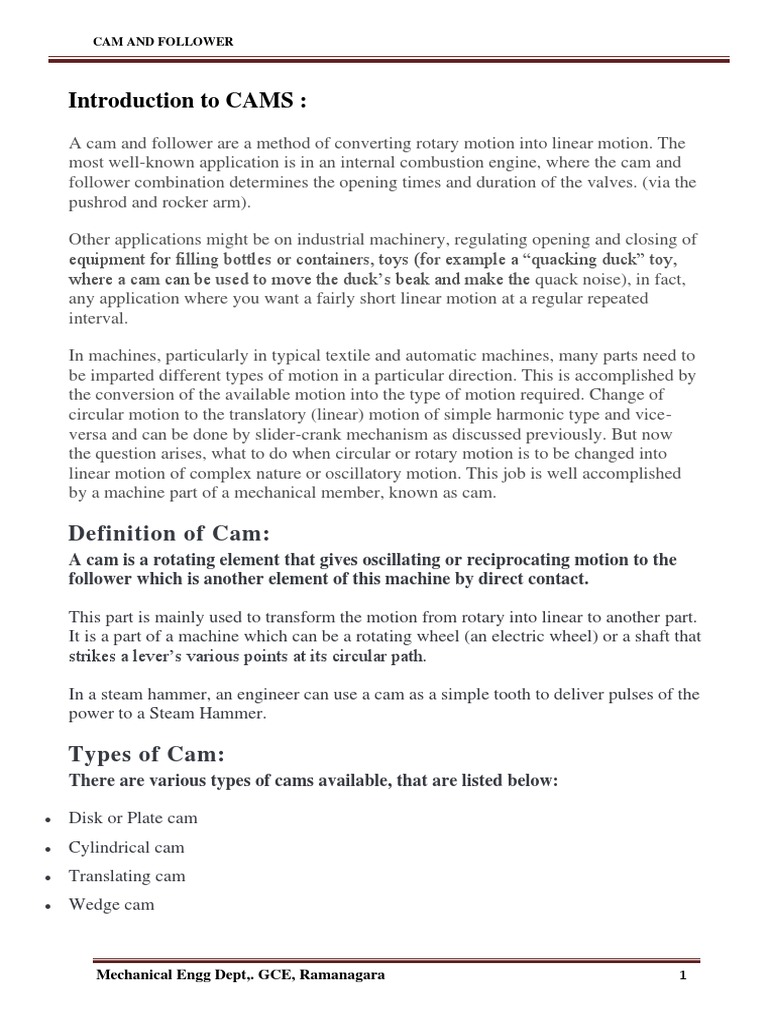 Introduction To CAMS Definition of Cam PDF Machines Mechanical Engineering