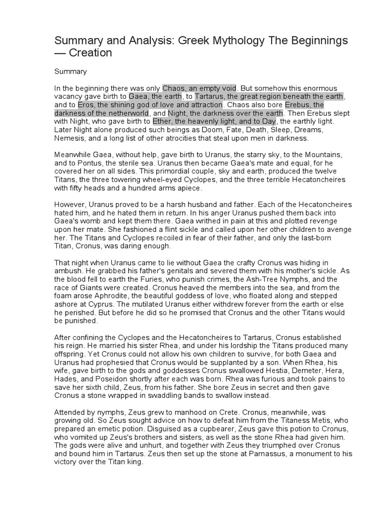 Summary and Analysis Greek Mythology The Beginnings Creation PDF
