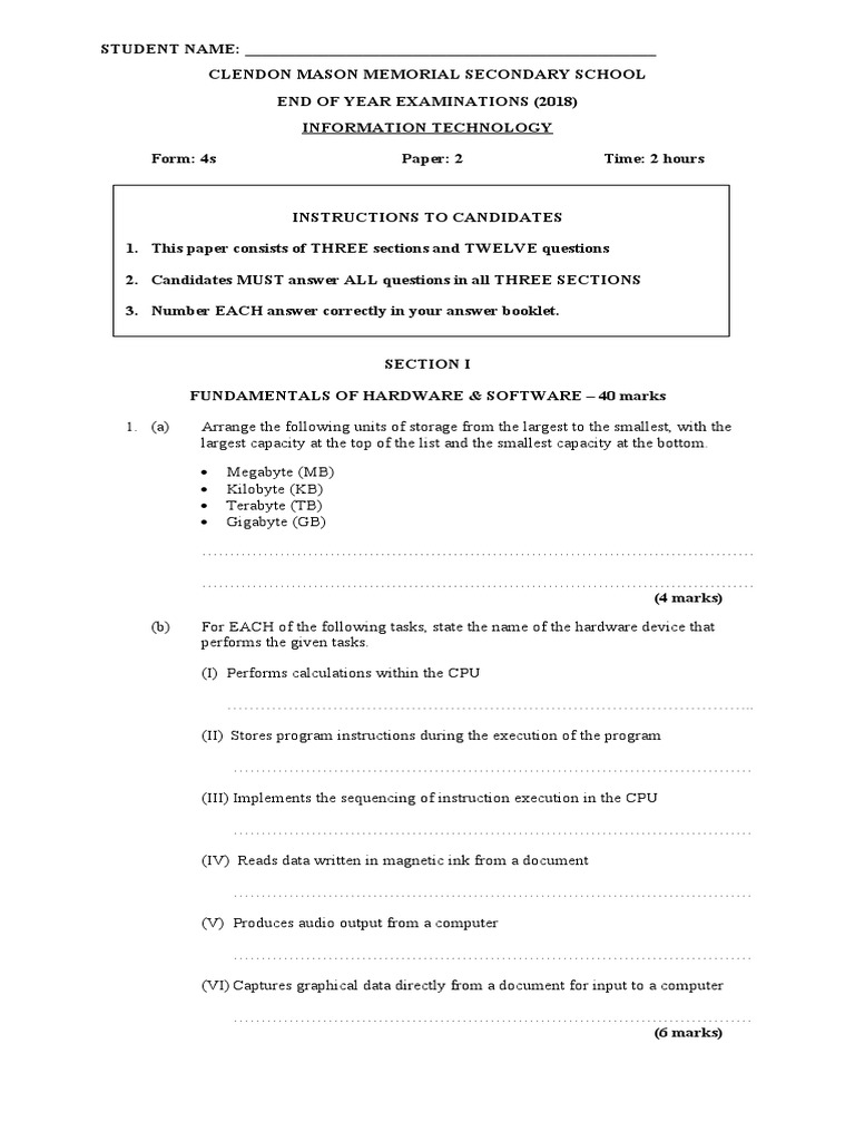 Final End of Year Exam Structured IT 4s 2018 | PDF | Computer Data ...