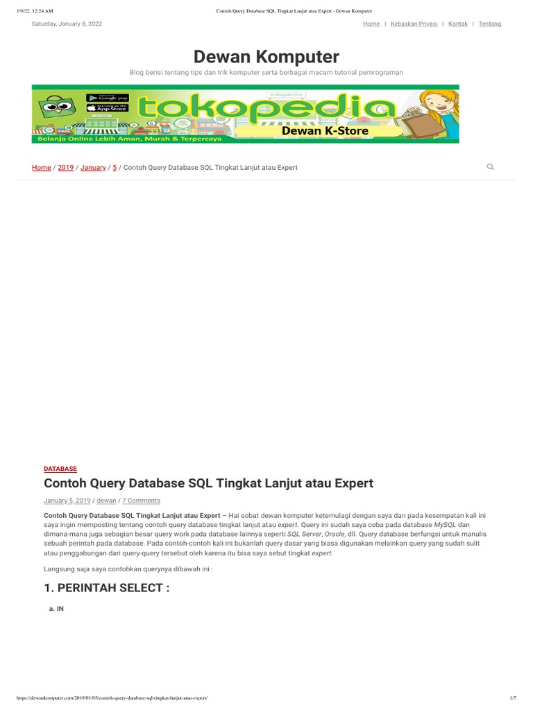 Contoh Query Database SQL Tingkat Lanjut Atau Expert - Dewan Komputer | PDF