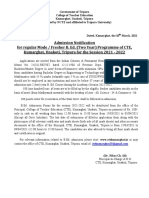 Admission Notification For Regular Mode / Fresher B. Ed. (Two Year) Programme of CTE, Kumarghat, Unakoti, Tripura For The Session 2021 - 2022