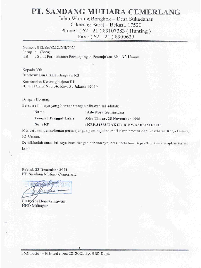 Surat Pengajuan Perpanjangan SKP AK3 Umum | PDF