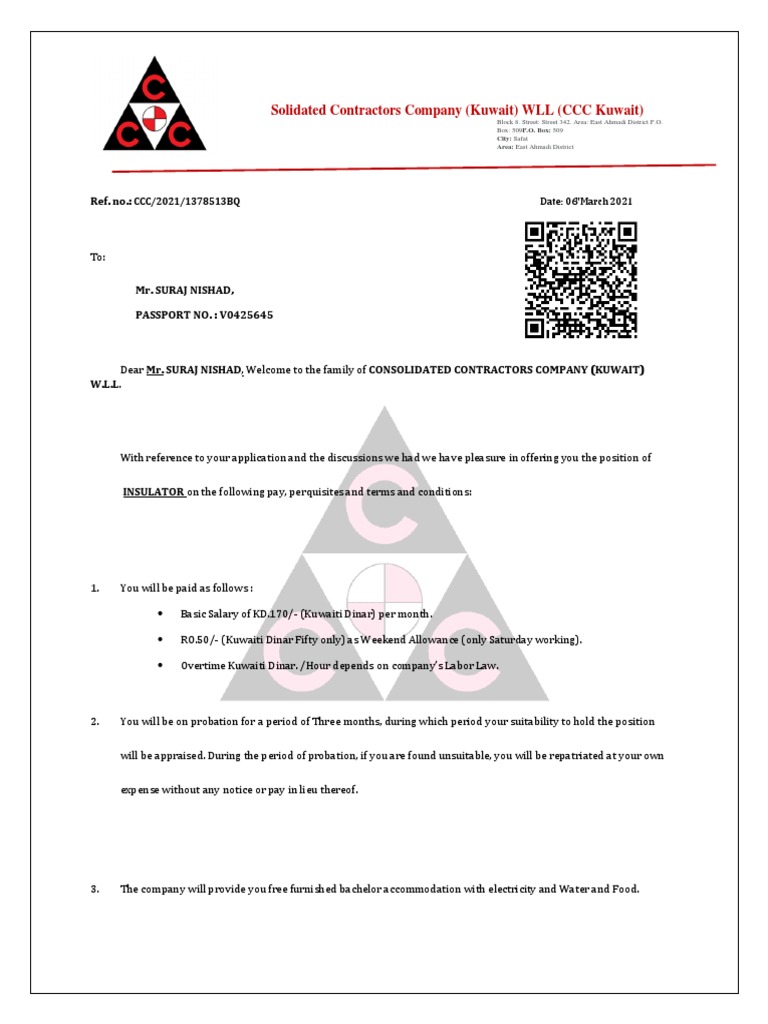 CCC Kuwait Offer Letter Details | PDF | Employment | Employee Benefits