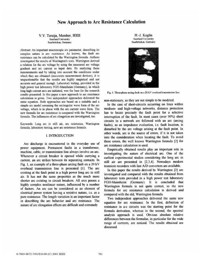 A New Approach To Arc Resistance Calculation PDF Electric Arc