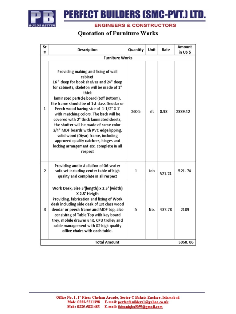 Quotation of Furniture Works SR Description Quantity Unit Rate