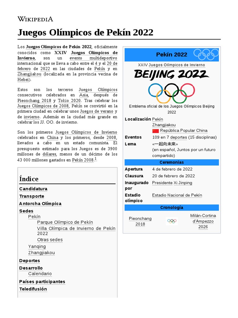 Juegos Olímpicos de Pekín 2022 PDF Competiciones deportivas