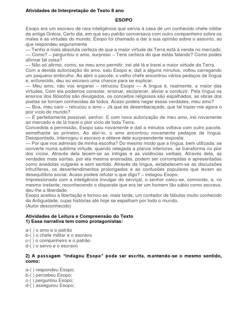 Atividades de Interpretação de Texto 8 Ano - 09.10 - Alunos | PDF ...