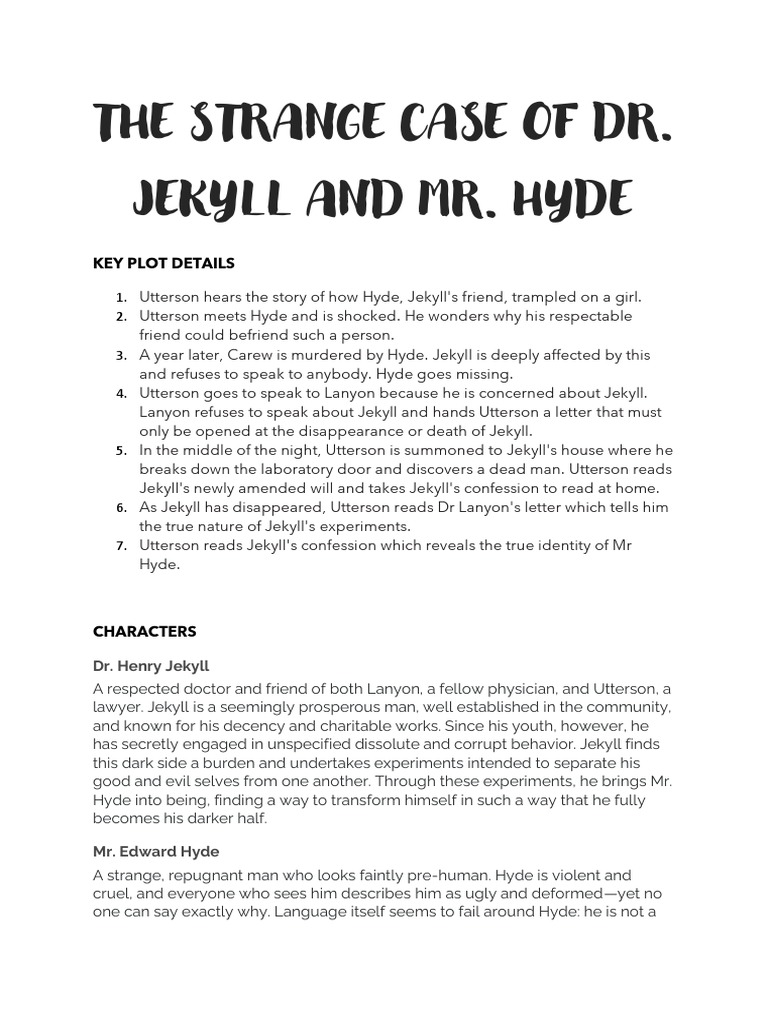 The Strange Case of Dr. Jekyll and Mr. Hyde: Key Plot Details | PDF ...