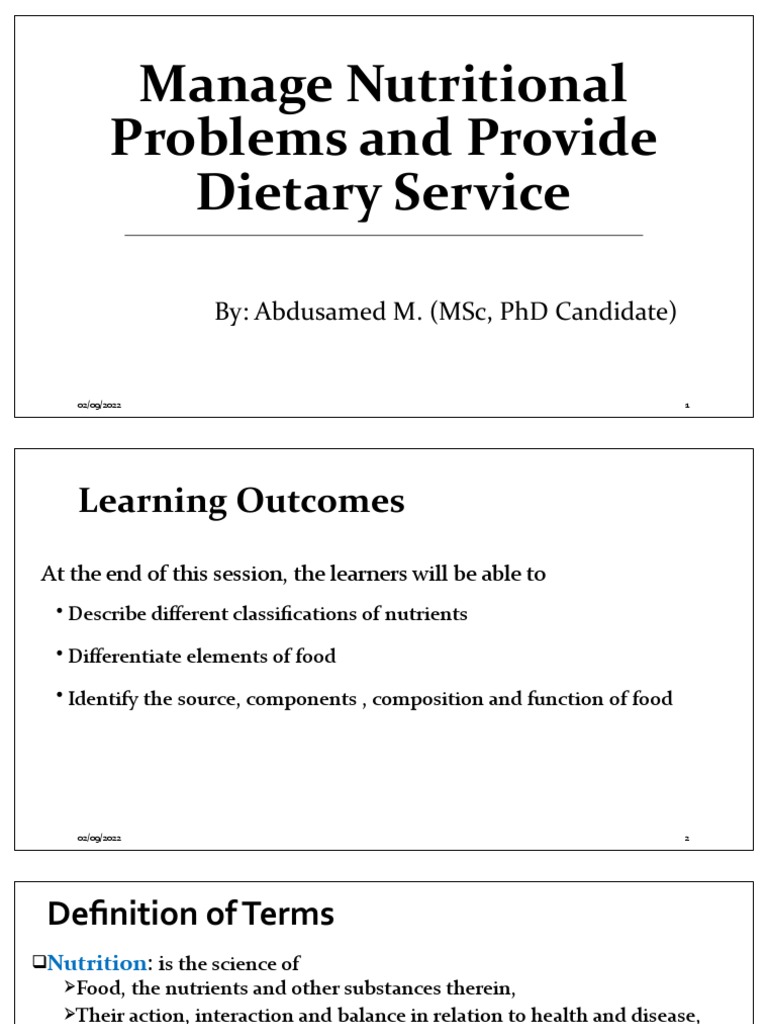 Manage Nutritional Problems And Provide Dietary Service Pdf