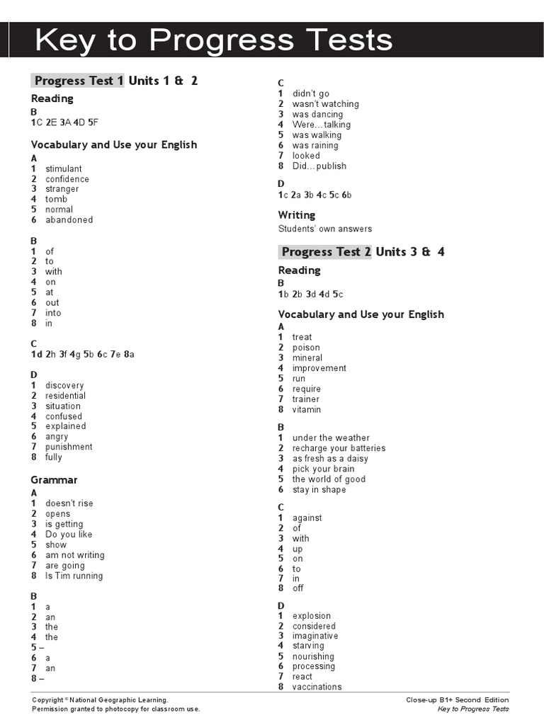 Close Up b1 Progress Tests Key Answers | PDF