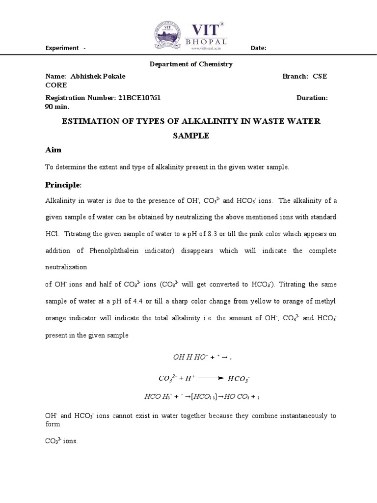 Estimation of Types of Alkalinity in Waste Water Sample Aim PDF Chemistry Titration