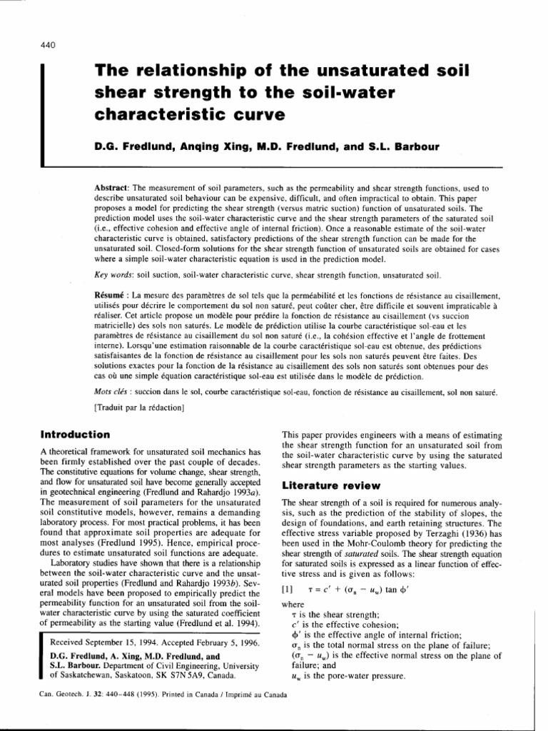 Fredlund Et Al 1996, The Relationship of The Unsaturated Soil Shear ...