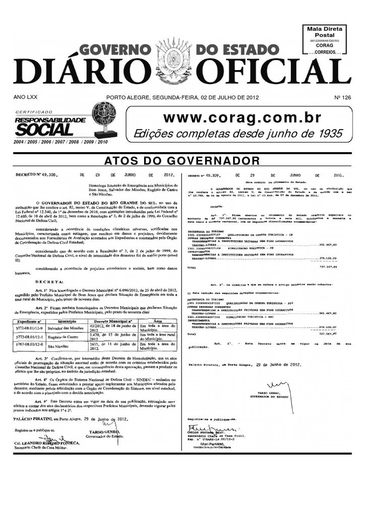 Atos do Governador - Diário Oficial 2012 | PDF | Finanças e ...