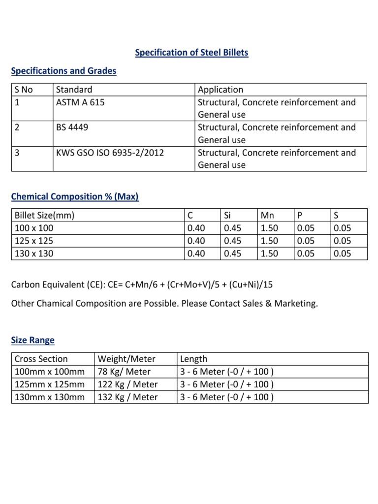 Specification of Steel Billets Specifications and Grades PDF