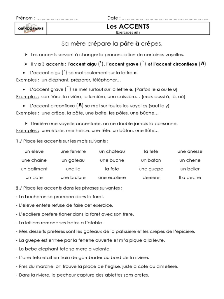 Exercice Sur Les Accents Ce2 à Imprimer Accents Exos 01 | PDF