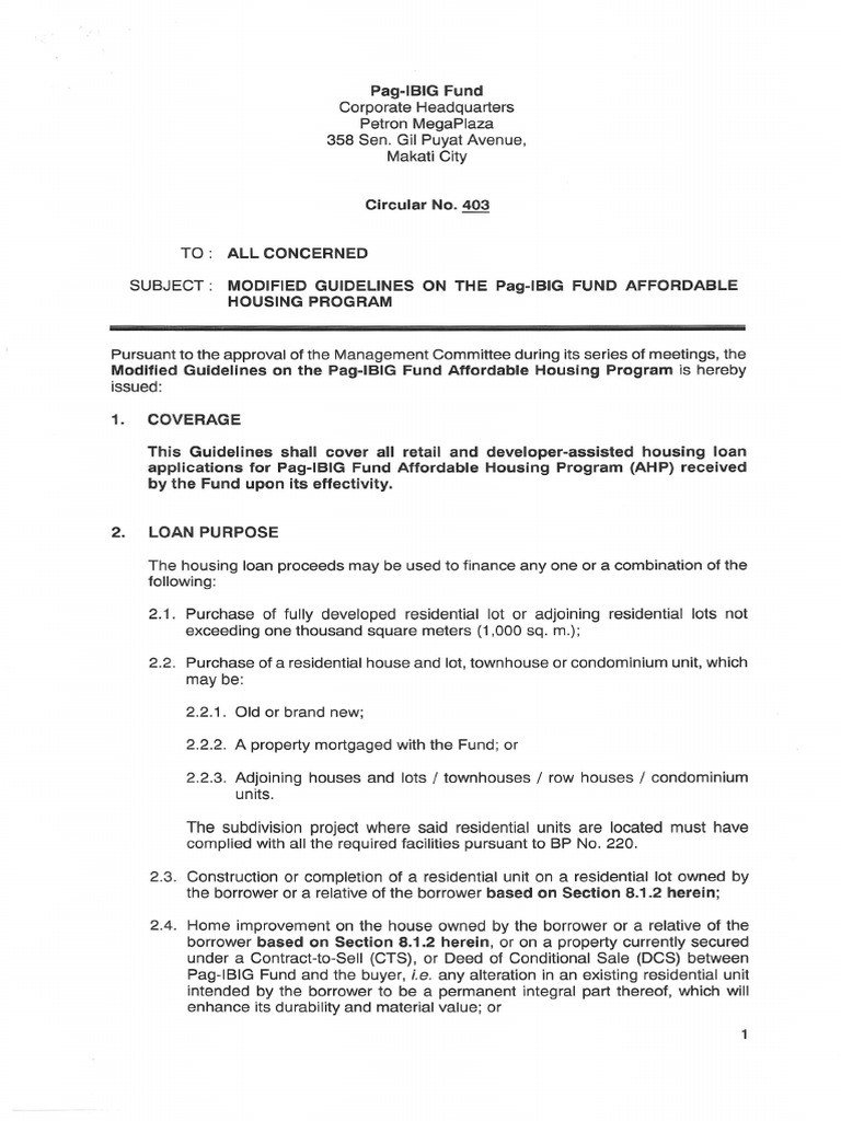 Modified Guidelines On The Pag-IBIG Fund Affordable Housing Program ...