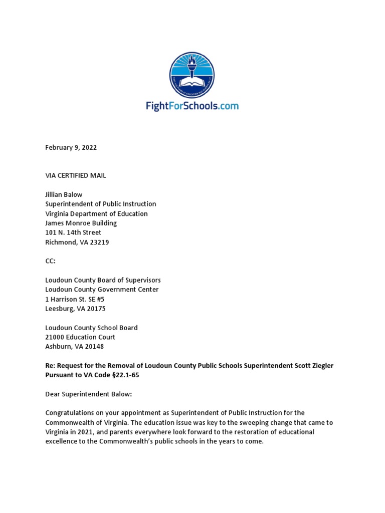 Letter To SuperVDOE Loudoun County Super Removal | PDF | Liability  Insurance | Professional Liability Insurance