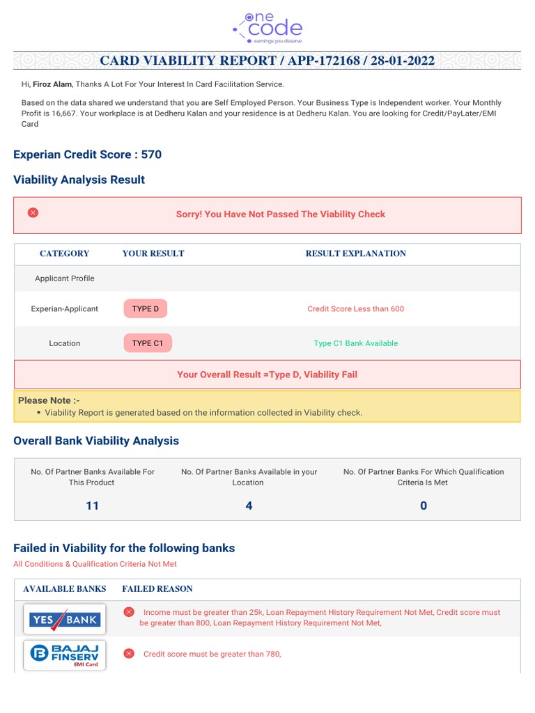 CARD VIABILITY REPORT / APP-172168 / 28-01-2022: Experian Credit Score ...