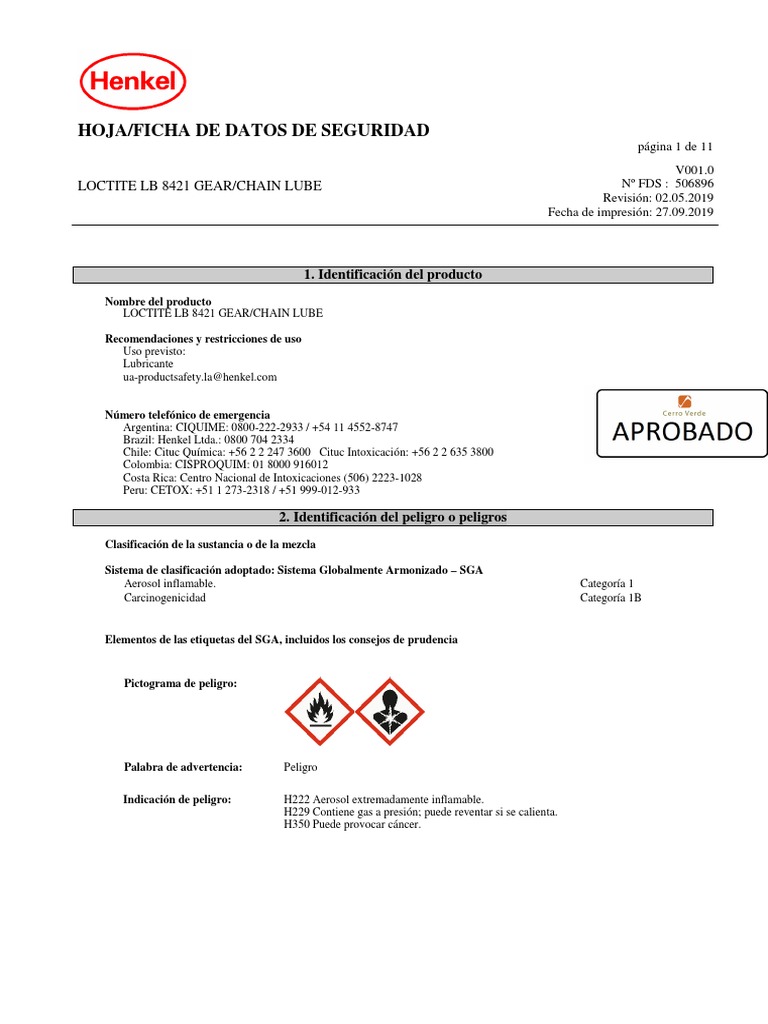 Loctite LB 8421 GearChain Lube Henkel FDS PDF Agua Ciencias