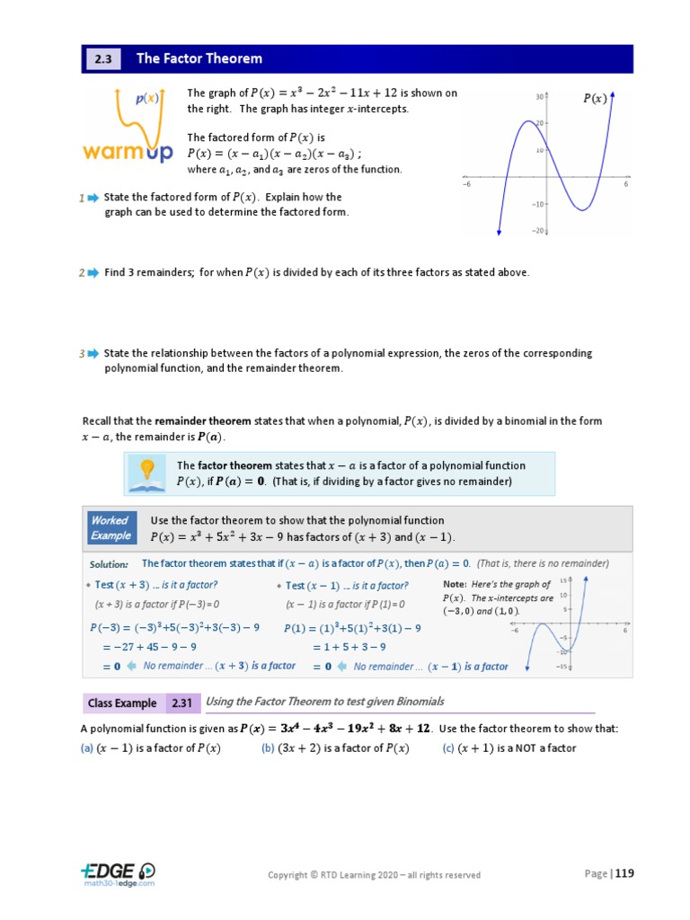 2.3 - The Factor Theorem Math 30-1 | PDF | Factorization | Zero Of A ...