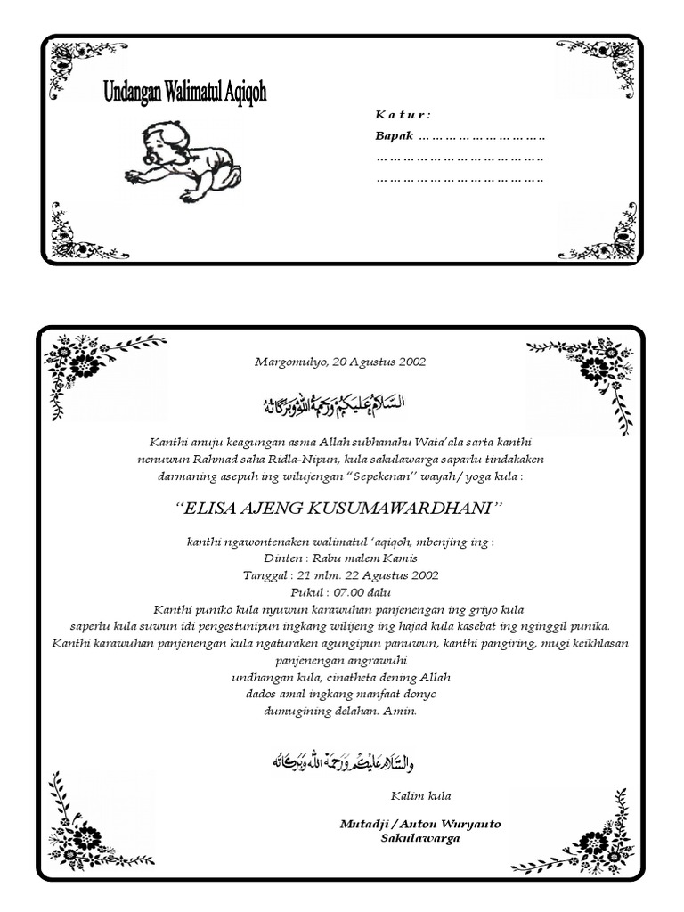 Contoh Undangan Aqiqah Bahasa Jawa