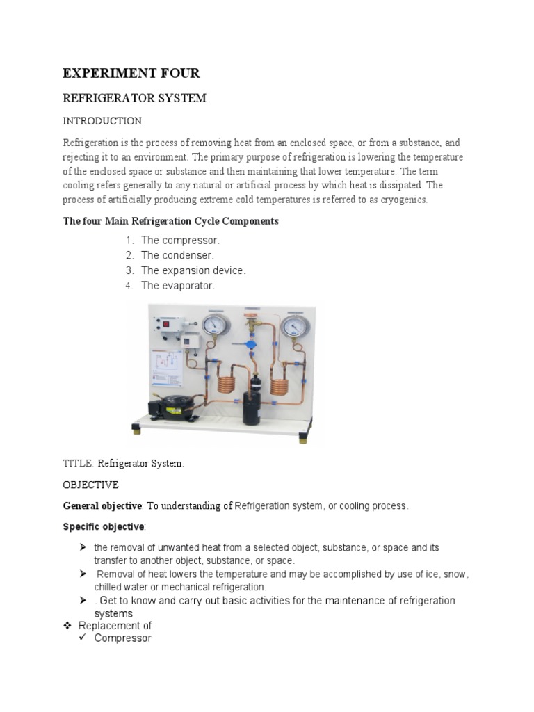 Experiment Four Refrigerator System PDF Refrigeration Heat