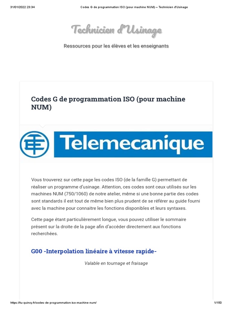 Codes G de Programmation ISO (Pour Machine NUM) - Technicien D'usinage ...