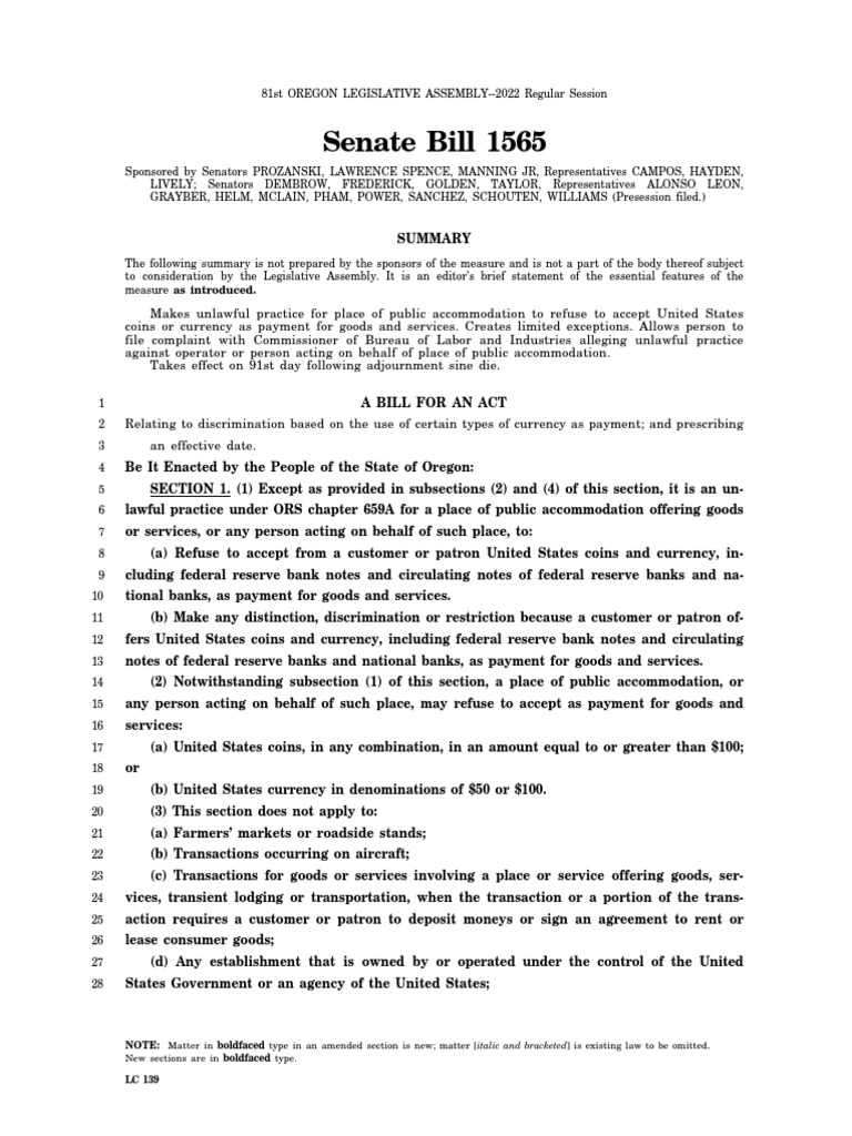 Oregon Senate Bill 1565 PDF Financial Transaction Payments
