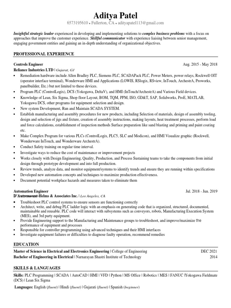 Automation Engineer Resume Overview | PDF | Programmable Logic ...