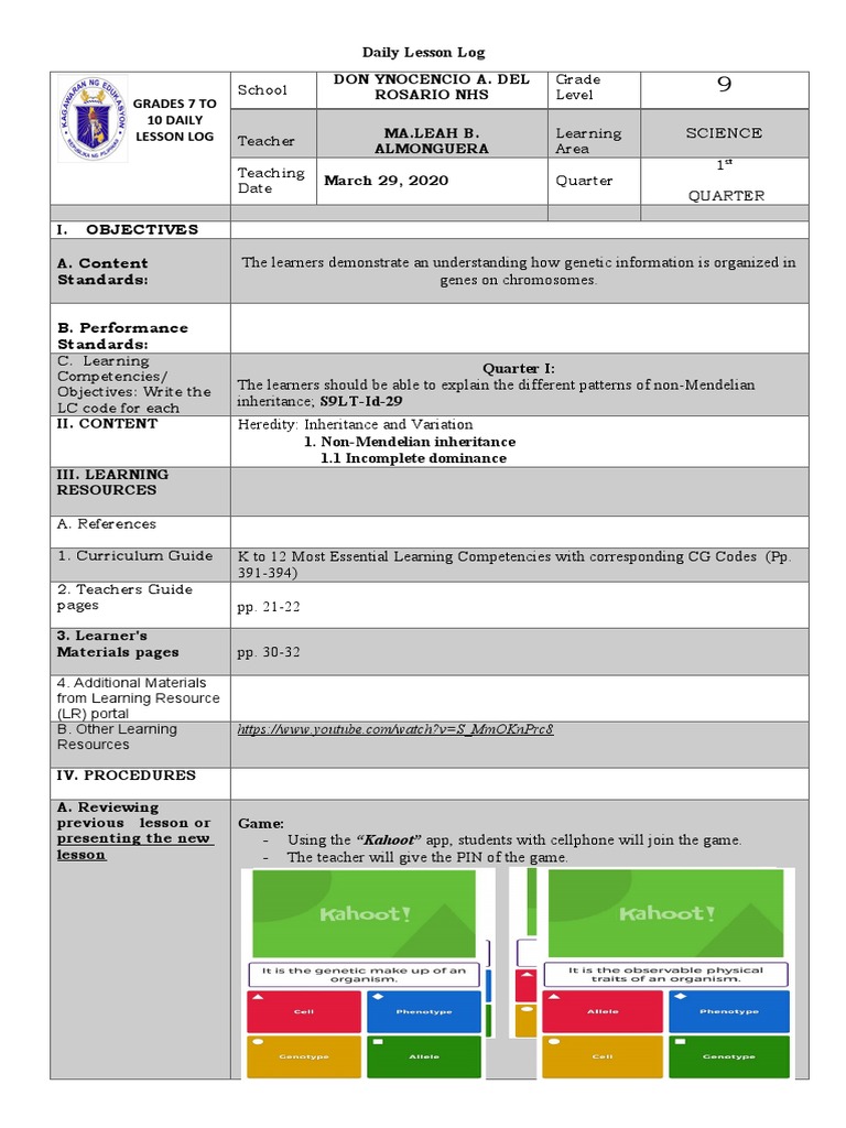 Lesson Plan For CO1 2020-2021 | PDF | Heredity | Dominance (Genetics)