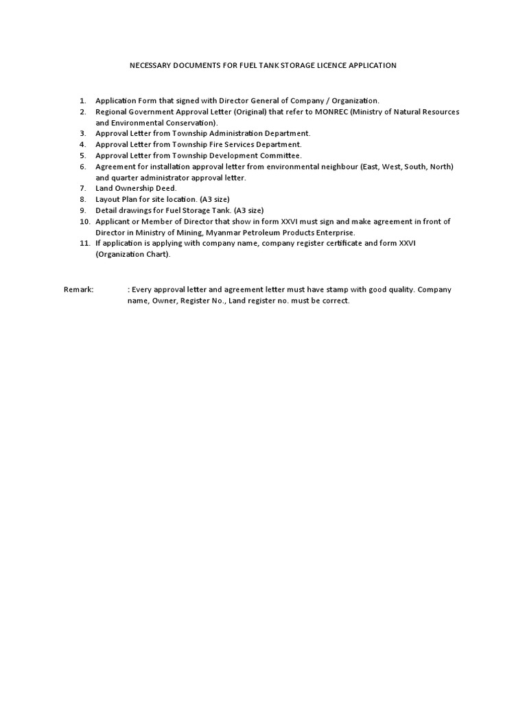 Necessary Documents For Fuel Tank Storage Licence Application PDF