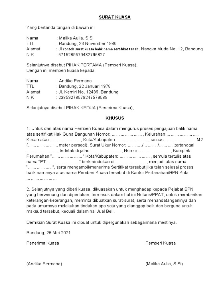 Contoh Surat Kuasa Balik Nama Sertifikat Tanah | PDF