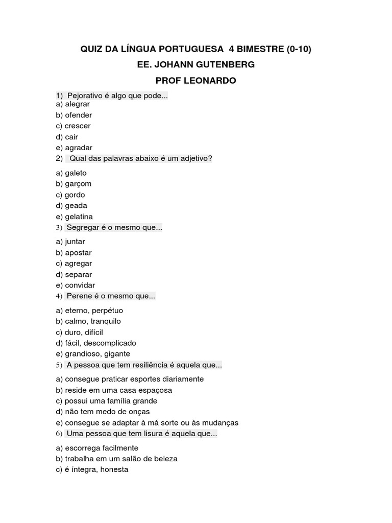 Quiz Da Língua Portuguesa | PDF | Ciência cognitiva | Linguística