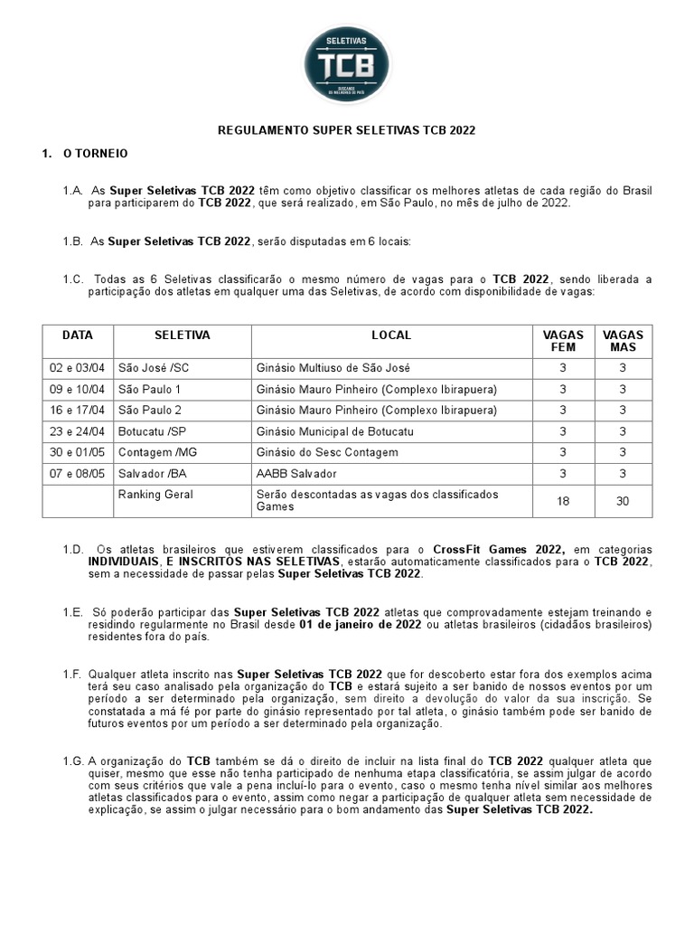 Regulamento Super Seletivas TCB 2022 1. O Torneio: Sem Direito A Devolução  Do Valor Da Sua Inscrição, PDF, Tempo