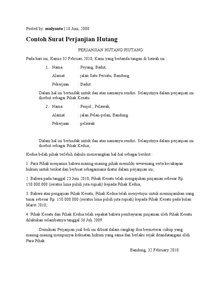 Contoh Surat Pinjaman Wang