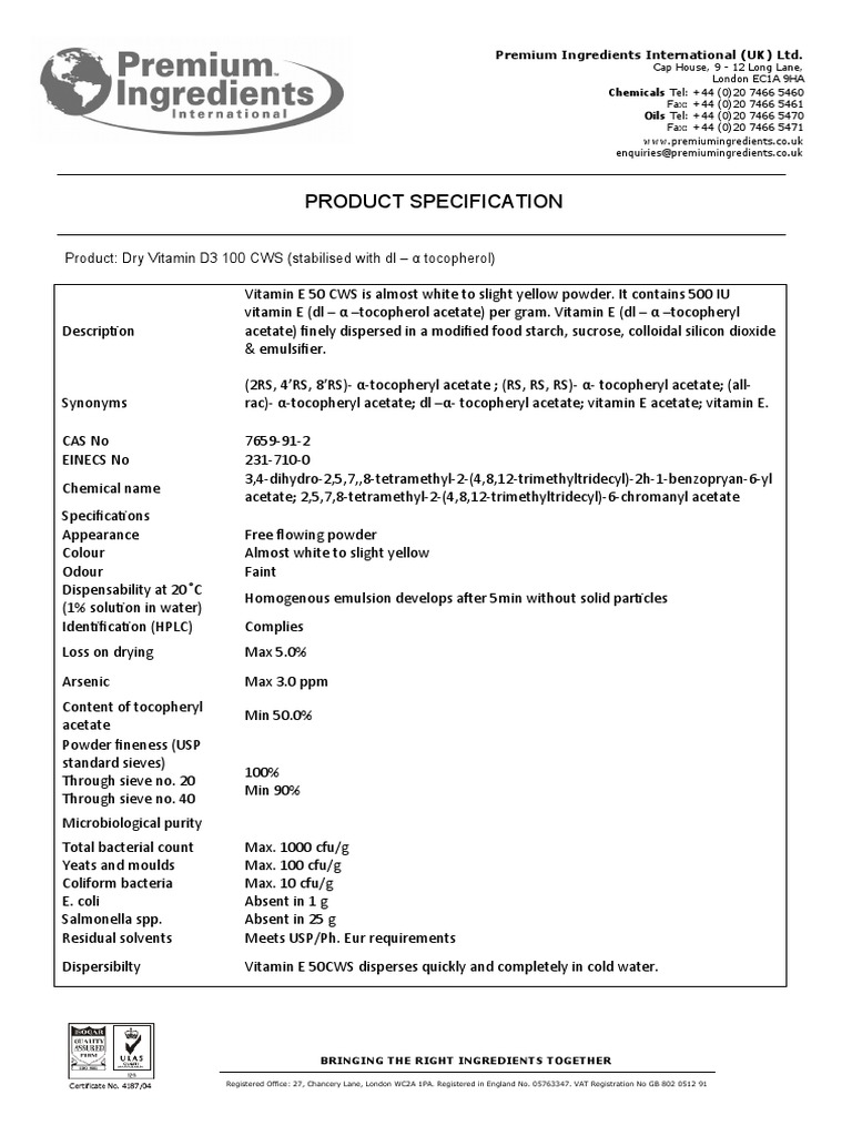 Vitamin D3 100 CWS PDF Vitamin E Chemistry