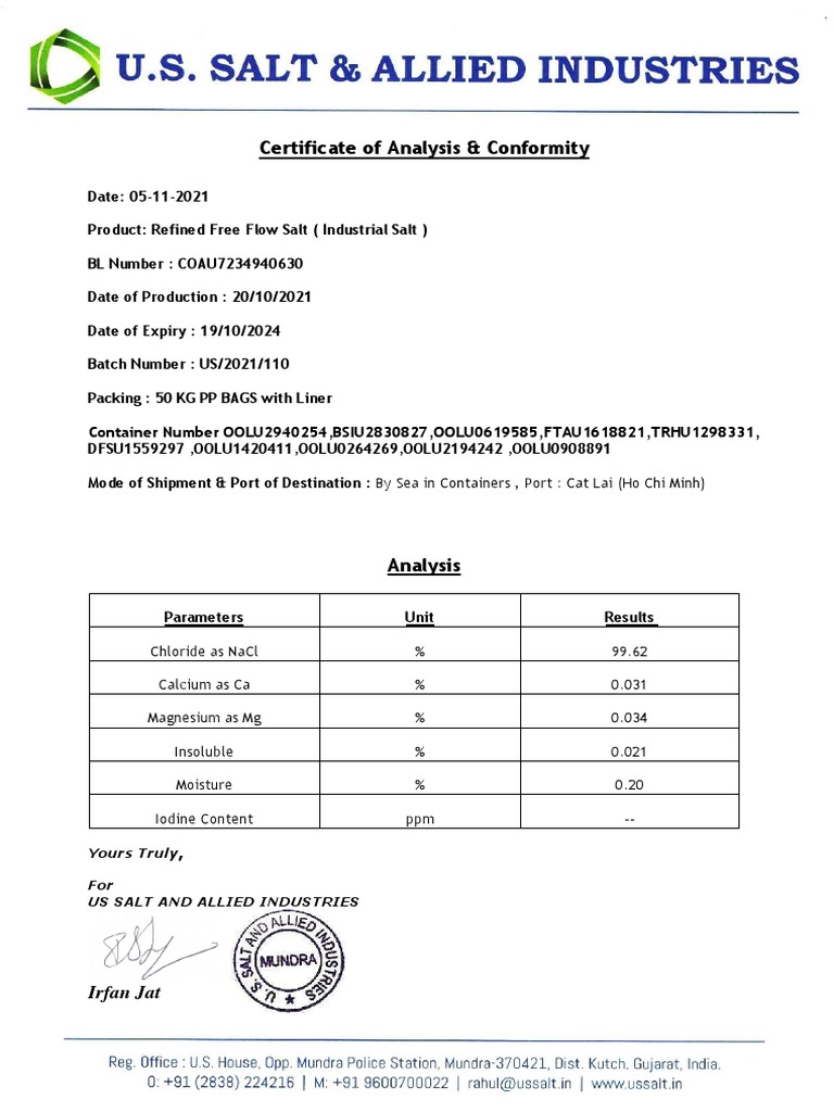 Certificate of Analysis &amp; Conformity: Irfan Jat | PDF