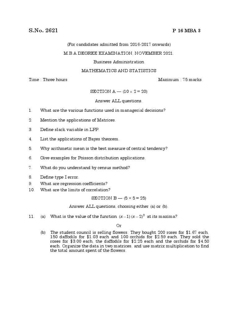 Analysis of Mathematics and Statistics Exam Questions Covering ...