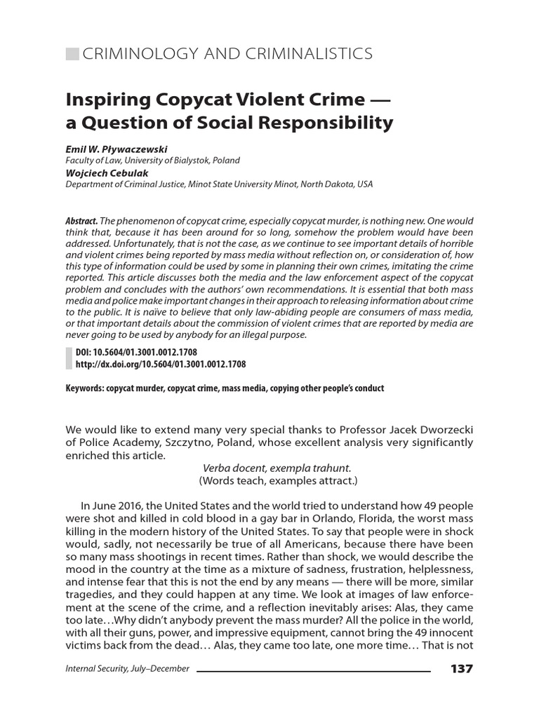 Inspiring Copycat Violent Crime A Question of Social Responsibility PDF Crime & Violence