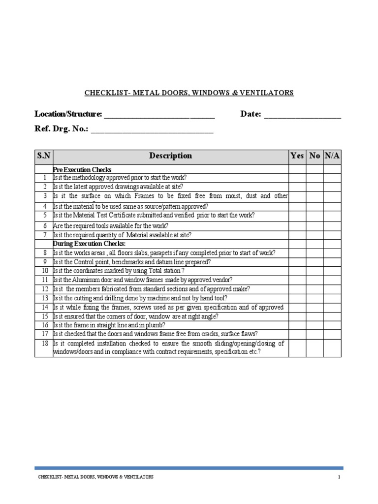 Metal Doors and Windows Inspection Checklist | PDF | Window | Door