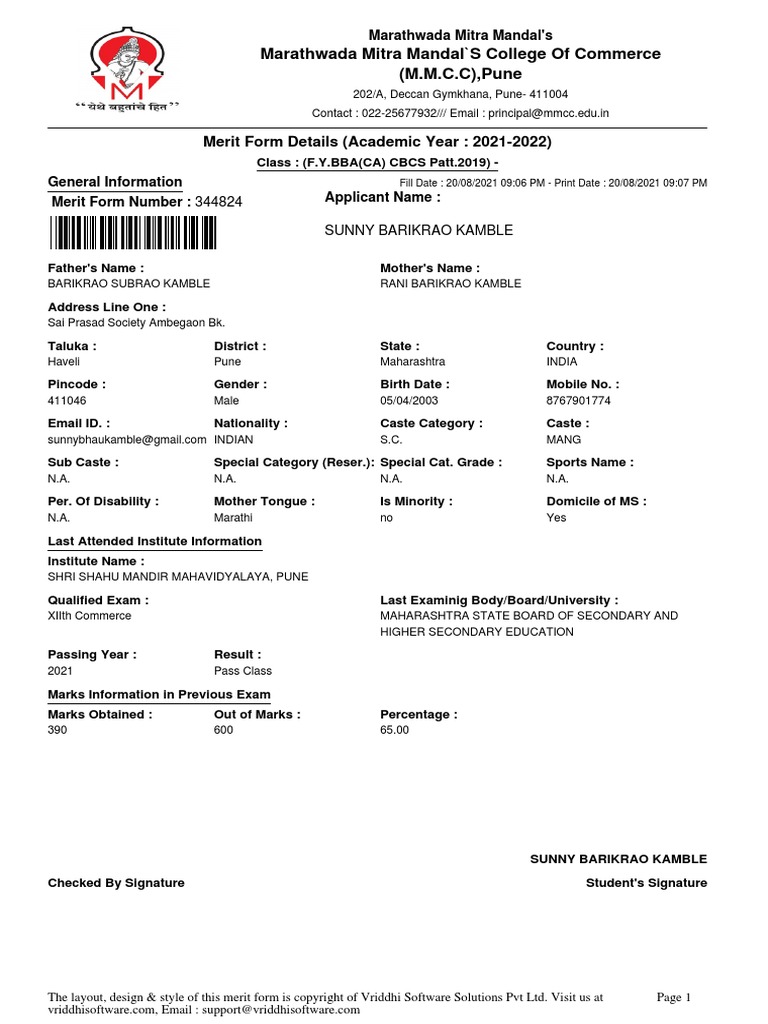Merit Form Details (Academic Year: 2021-2022) : Marathwada Mitra Mandal ...