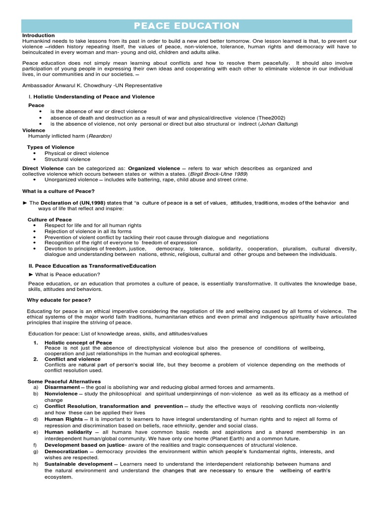 Understanding Peace Education Principles | PDF | Volunteering | Violence