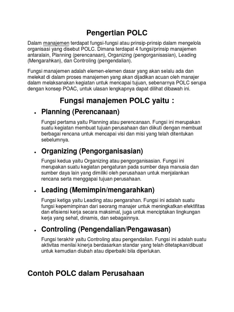 Fungsi Manajemen POLC dalam Organisasi | PDF