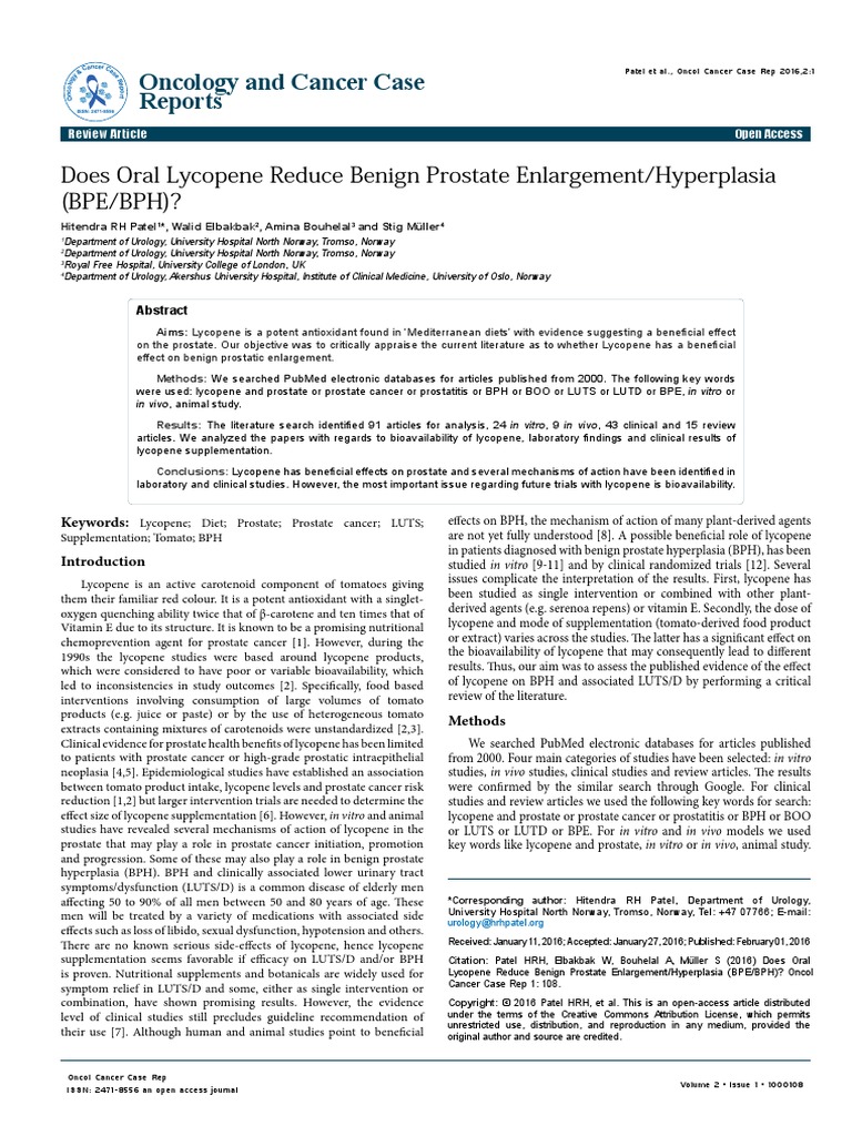Lycopene Reduce Benign Prostate Enlargement PDF Prostate Cancer