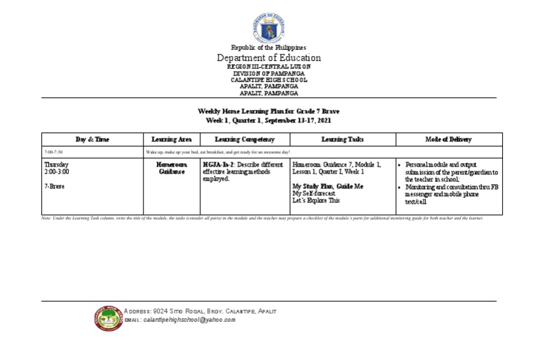 Weekly Home Learning Plan For Grade HGP 7 | PDF | Learning | Communication