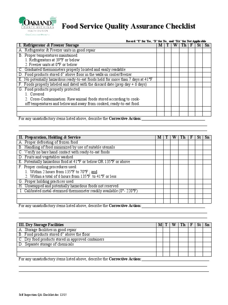 Food Service Quality Assurance Checklist I. Refrigerator & Freezer