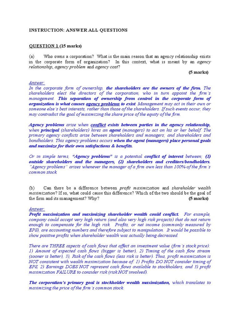 Relationship, Agency Problem and Agency Cost? Instruction Answer All