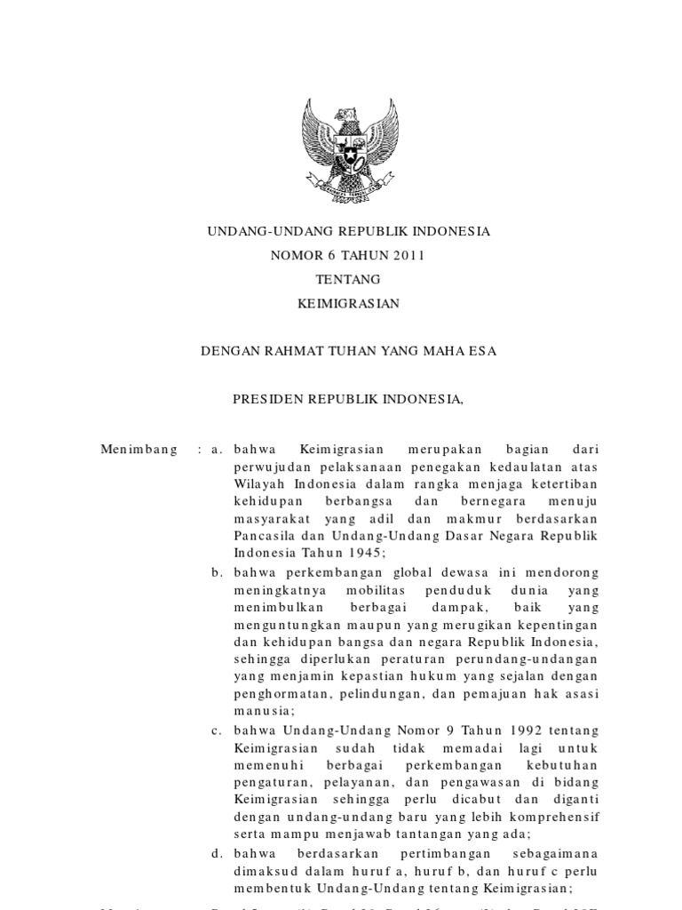 Undang Undang Nomor 6 Tahun 2011 Tentang Keimigrasian ...